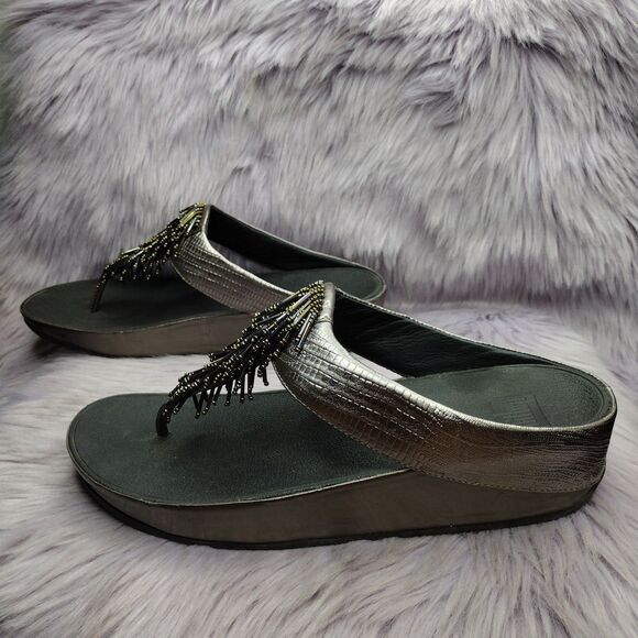 FitFlop Women’s Cha Cha Beaded Tassel Sandals Nimbus Silver Size 11 Iridescent - Picture 3 of 7